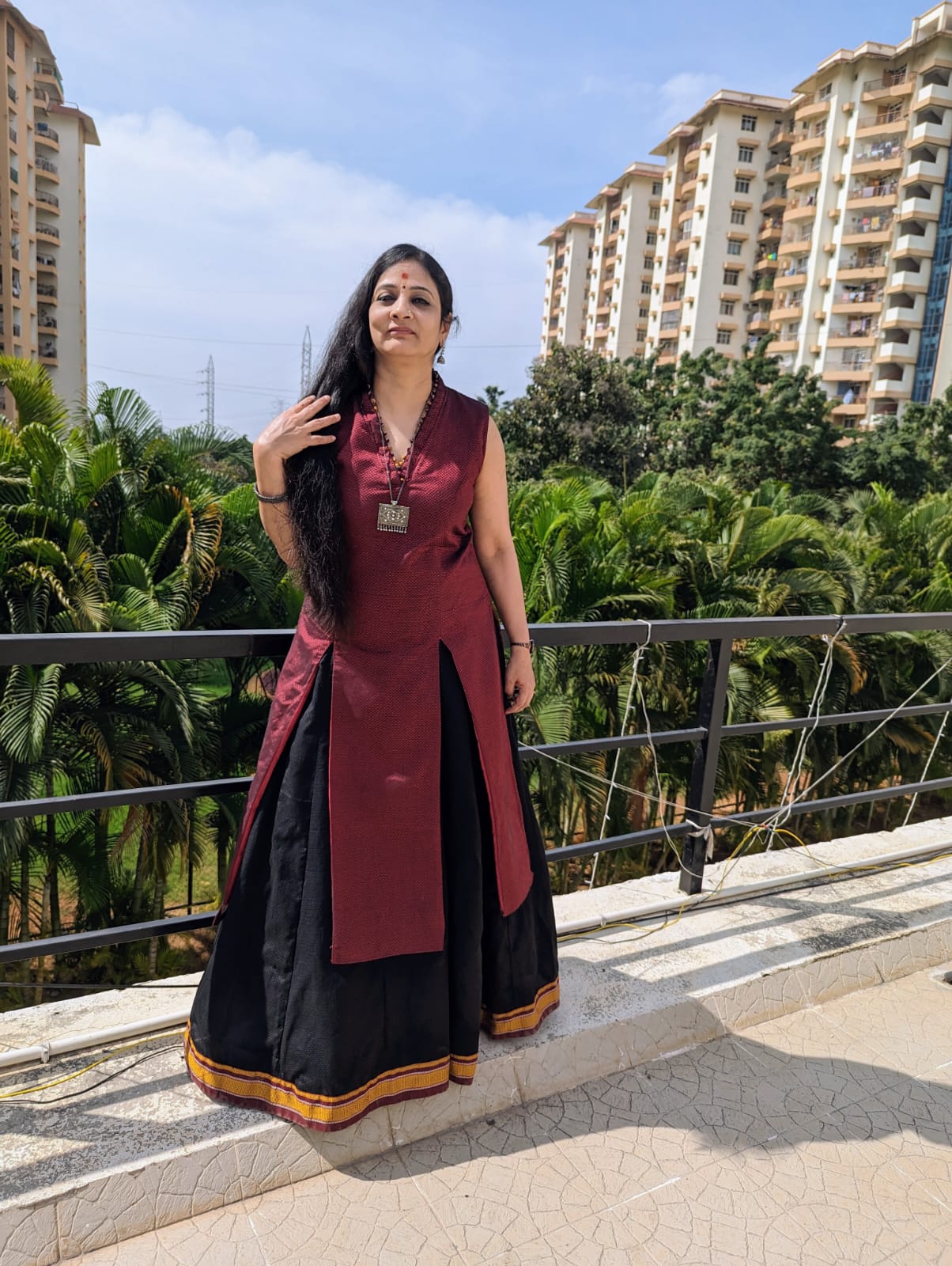 Brown and Black Skirt Top Set Front