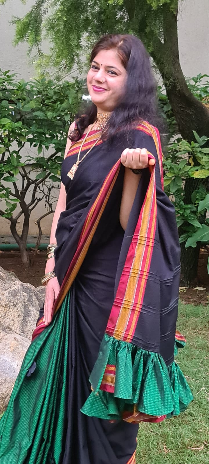 Black and Green Saree Back
